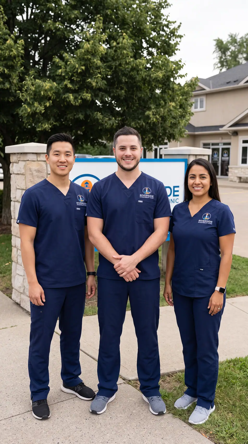 Riverside physiotherapists standing together outside the clinic